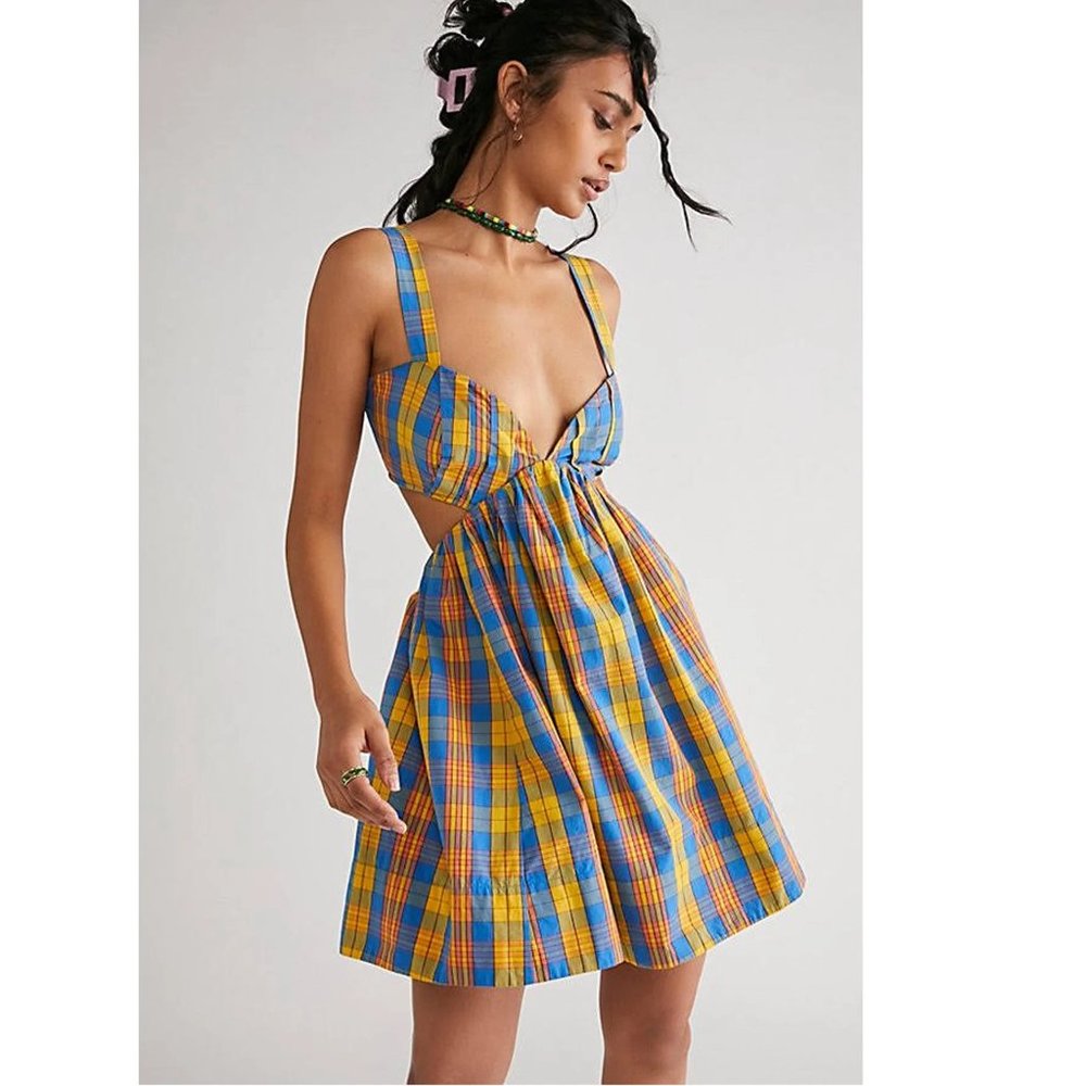 NEW Free People Bridget Mini Dress Blue Yellow Plaid Smocked Cutout Sleeeless